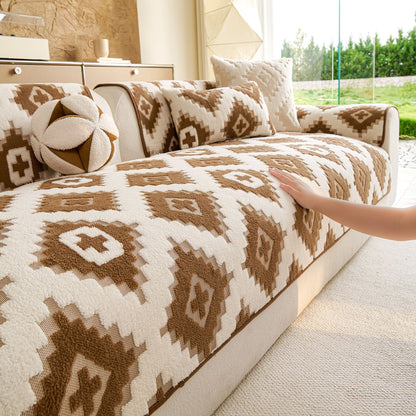 Cozy Thickened Sherpa Sofa Protector, Geometric Non-Slip Couch Cover for Pets & Kids
