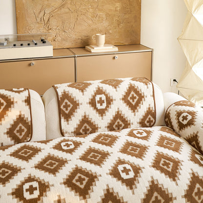 Cozy Thickened Sherpa Sofa Protector, Geometric Non-Slip Couch Cover for Pets & Kids