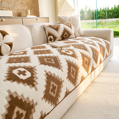 Cozy Thickened Sherpa Sofa Protector, Geometric Non-Slip Couch Cover for Pets & Kids