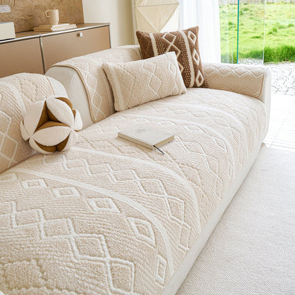 Thickened Plush Sofa Cover, Textured Geometric Couch Protector with Non-Slip Backing