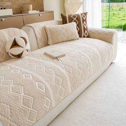 Thickened Plush Sofa Cover, Textured Geometric Couch Protector with Non-Slip Backing