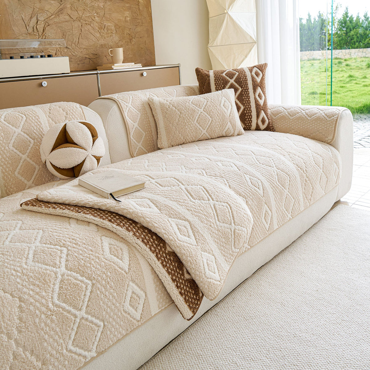 Thickened Plush Sofa Cover, Textured Geometric Couch Protector with Non-Slip Backing