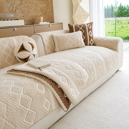 Thickened Plush Sofa Cover, Textured Geometric Couch Protector with Non-Slip Backing