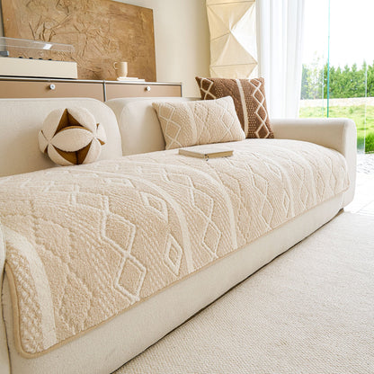 Thickened Plush Sofa Cover, Textured Geometric Couch Protector with Non-Slip Backing