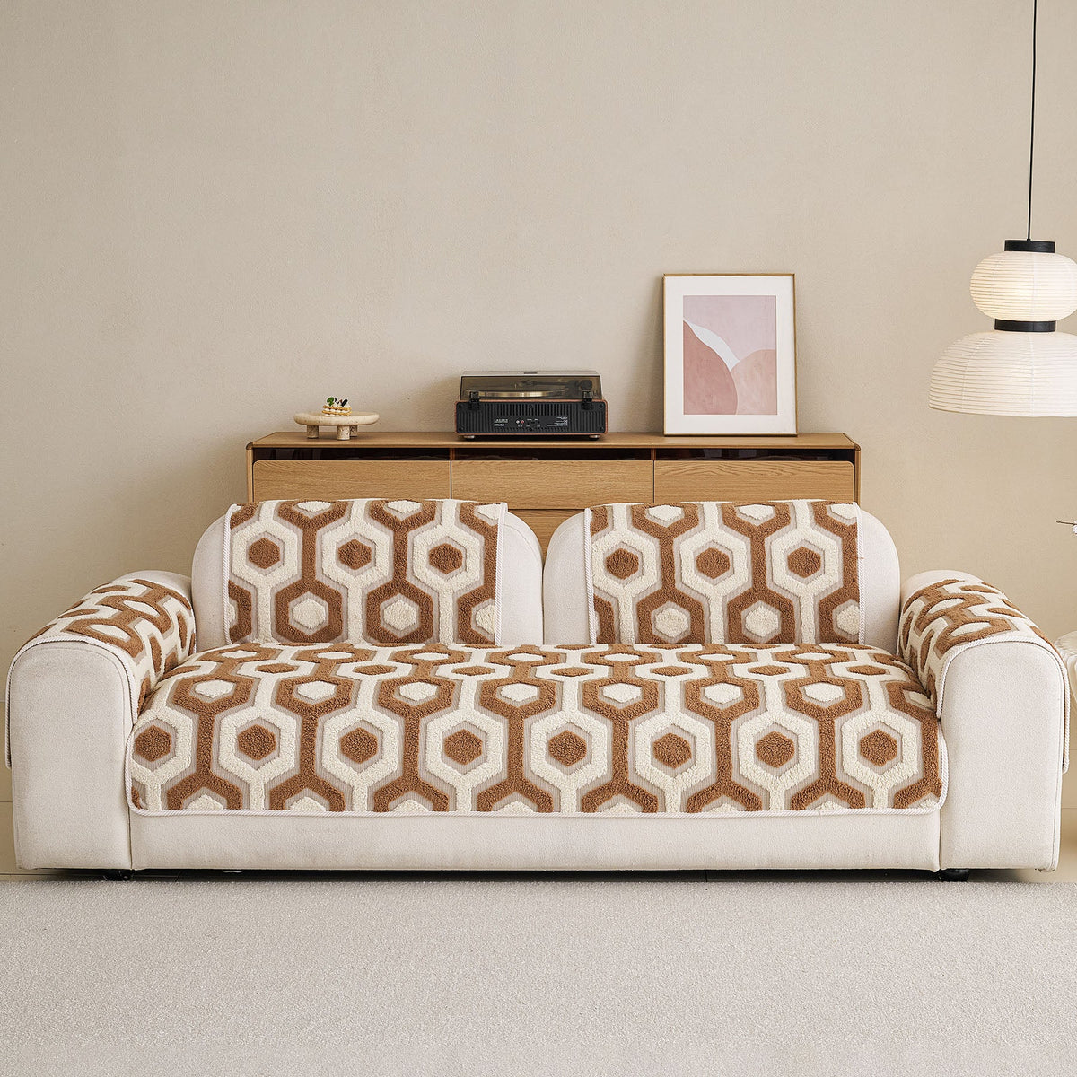 Sherpa Fleece Geometric Sofa Cover, Non-Slip Warm Couch Protector for Pets & Kids