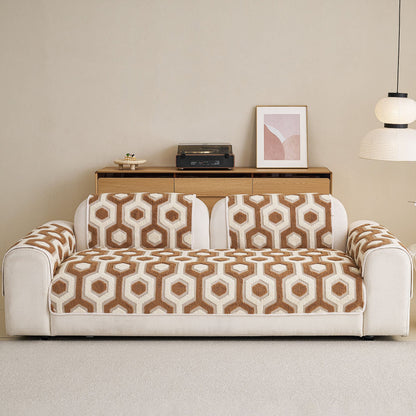 Sherpa Fleece Geometric Sofa Cover, Non-Slip Warm Couch Protector for Pets & Kids