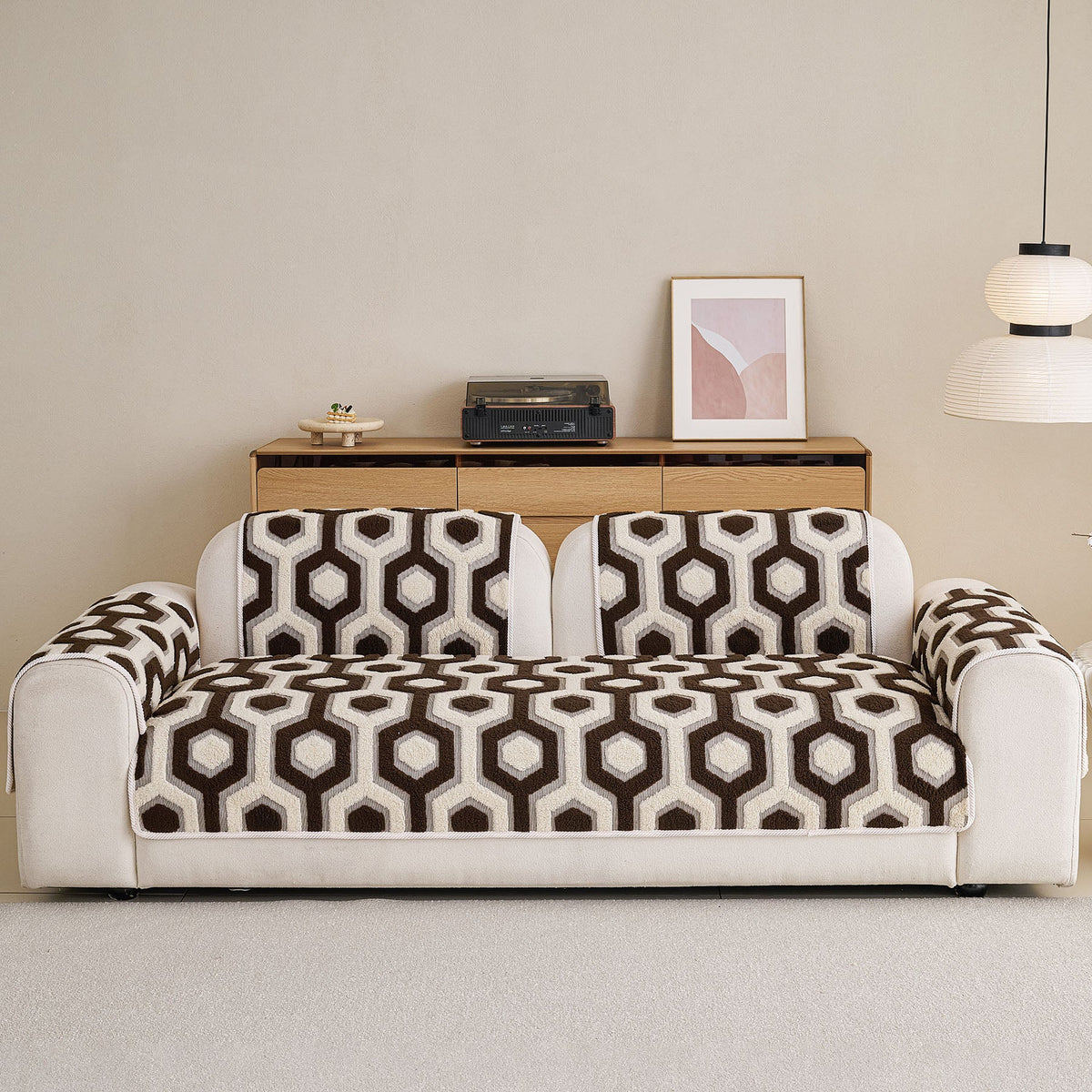 Sherpa Fleece Geometric Sofa Cover, Non-Slip Warm Couch Protector for Pets & Kids
