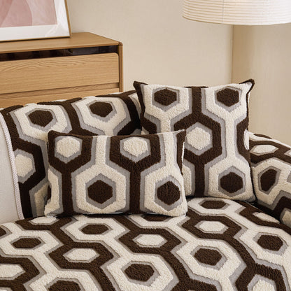 Sherpa Fleece Geometric Sofa Cover, Non-Slip Warm Couch Protector for Pets & Kids