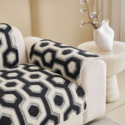 Sherpa Fleece Geometric Sofa Cover, Non-Slip Warm Couch Protector for Pets & Kids