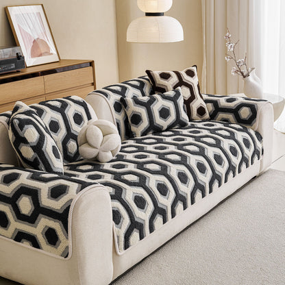 Sherpa Fleece Geometric Sofa Cover, Non-Slip Warm Couch Protector for Pets & Kids