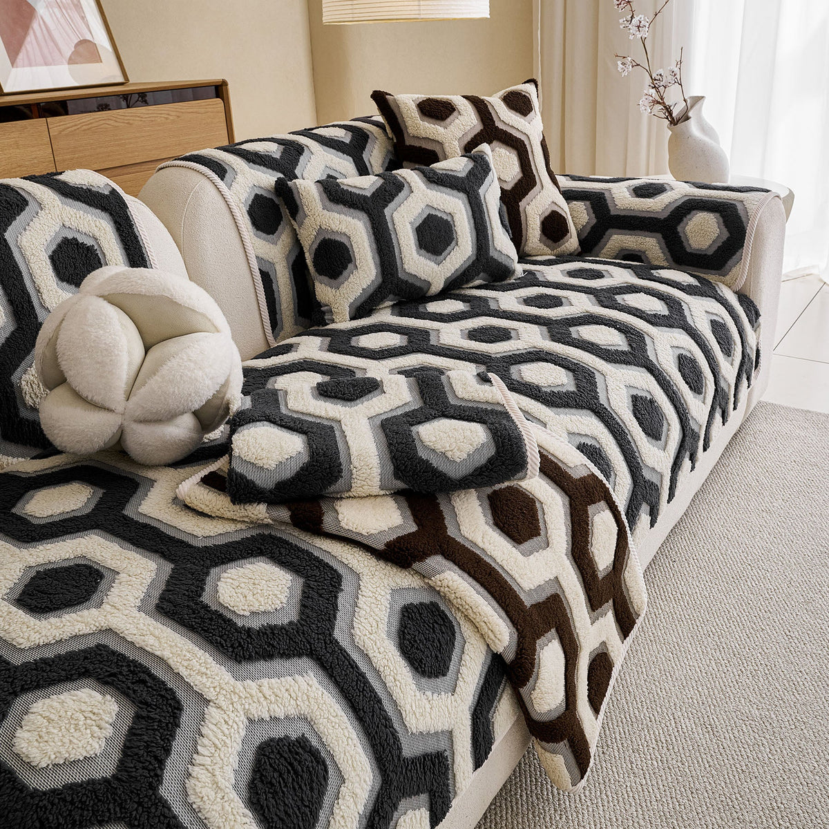 Sherpa Fleece Geometric Sofa Cover, Non-Slip Warm Couch Protector for Pets & Kids