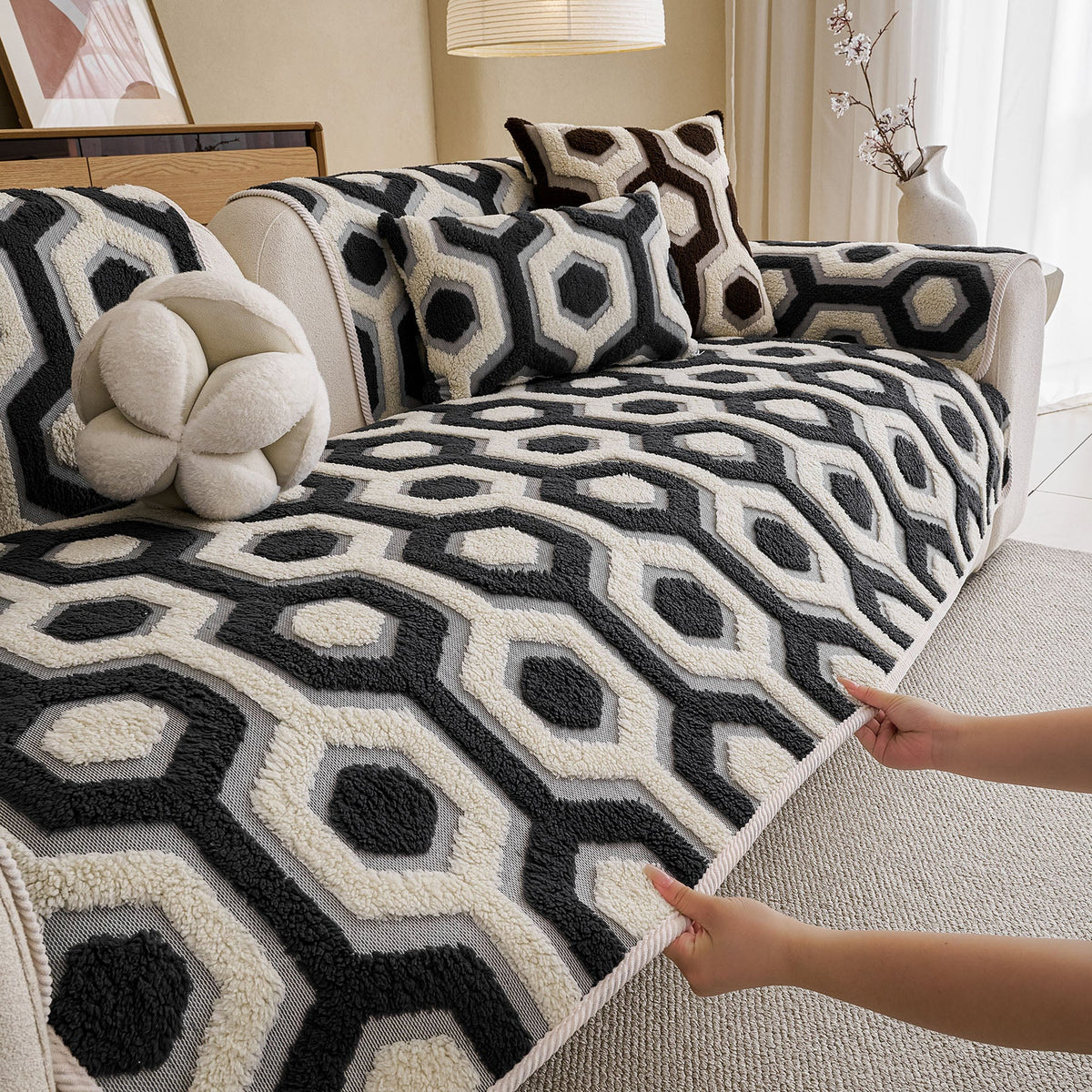 Sherpa Fleece Geometric Sofa Cover, Non-Slip Warm Couch Protector for Pets & Kids