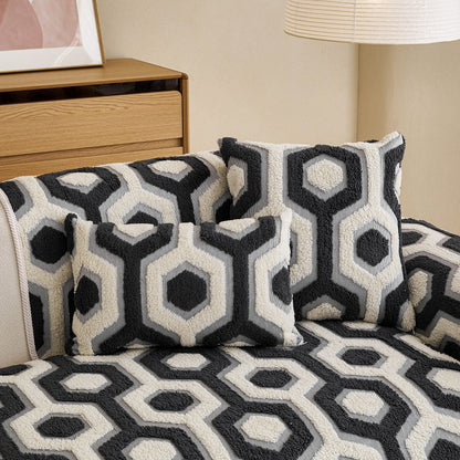 Sherpa Fleece Geometric Sofa Cover, Non-Slip Warm Couch Protector for Pets & Kids