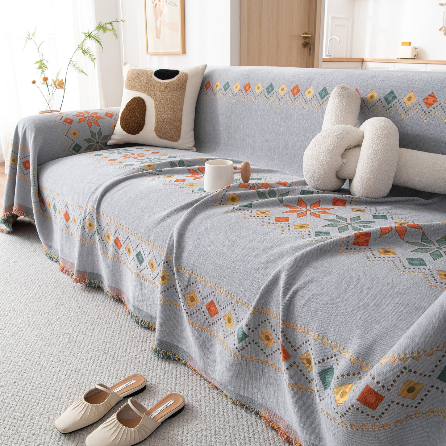 Bohemian Geometric Sofa Throw Cover, Cozy & Protective Ethnic-Inspired Couch Cover
