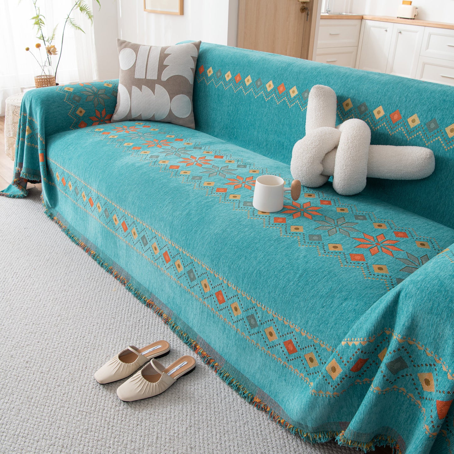 Bohemian Geometric Sofa Throw Cover, Cozy & Protective Ethnic-Inspired Couch Cover