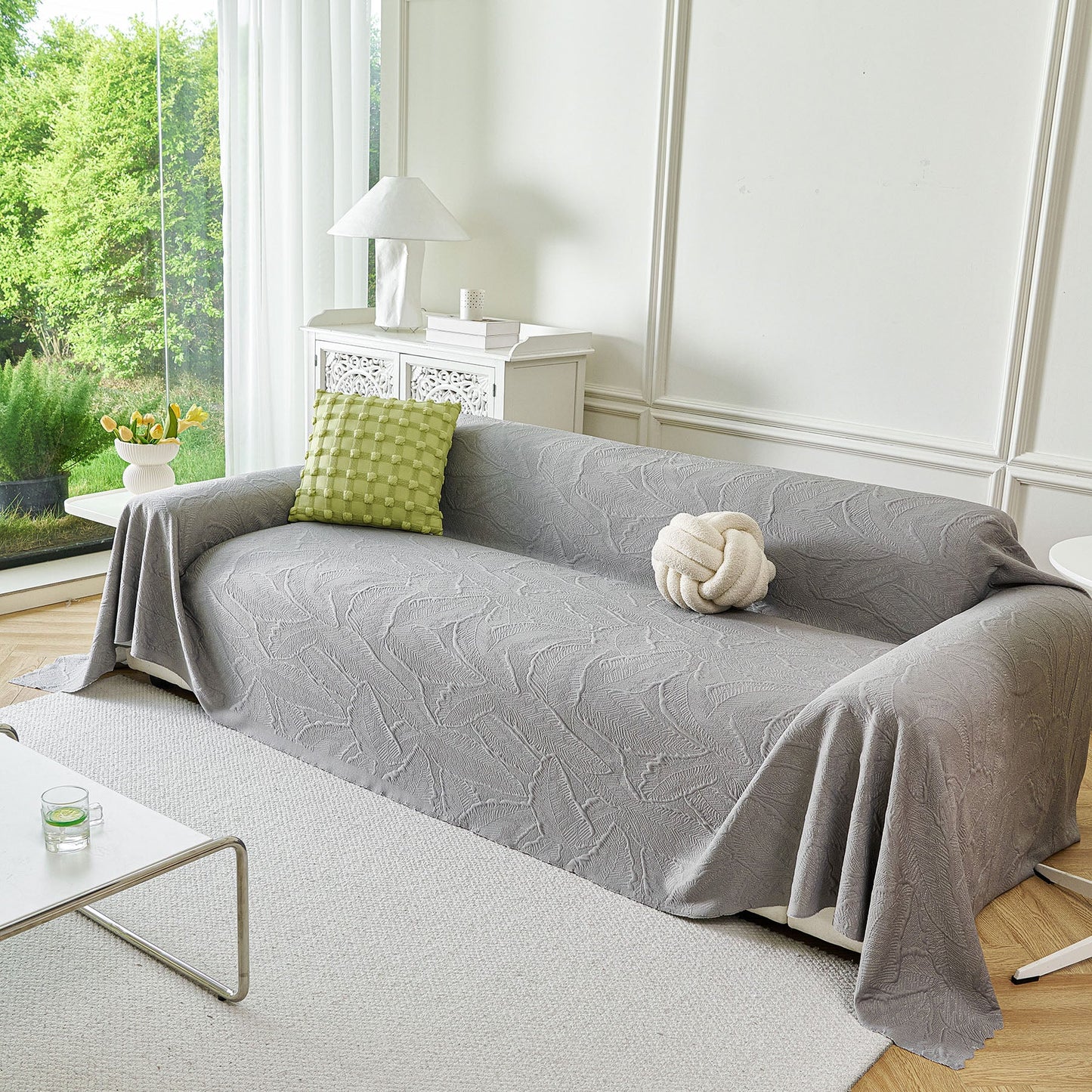 Embossed Leaf Pattern Sofa Cover Blanket for Couch, Soft Cooling Textured Couch Cover