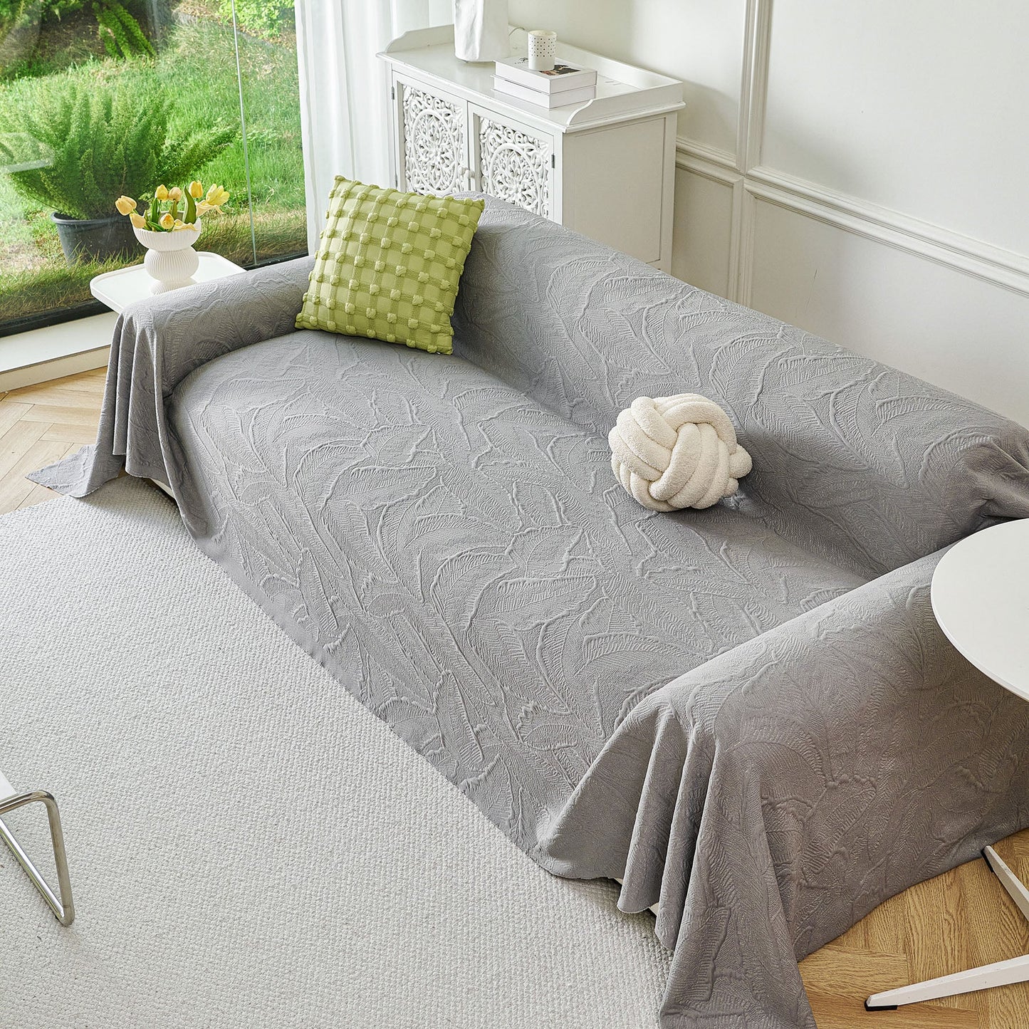 Embossed Leaf Pattern Sofa Cover Blanket for Couch, Soft Cooling Textured Couch Cover