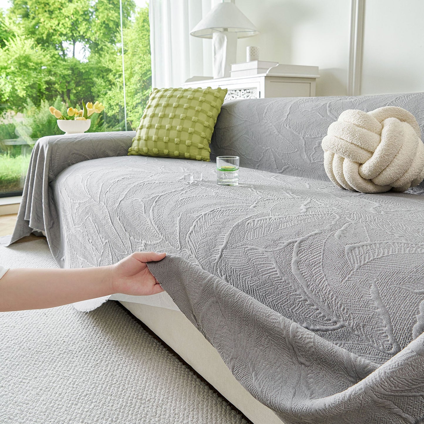 Embossed Leaf Pattern Sofa Cover Blanket for Couch, Soft Cooling Textured Couch Cover