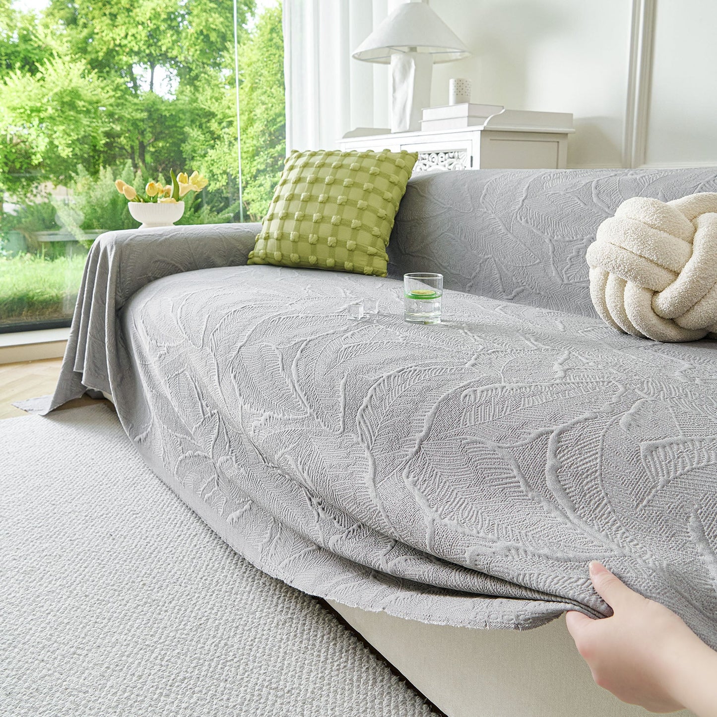 Embossed Leaf Pattern Sofa Cover Blanket for Couch, Soft Cooling Textured Couch Cover