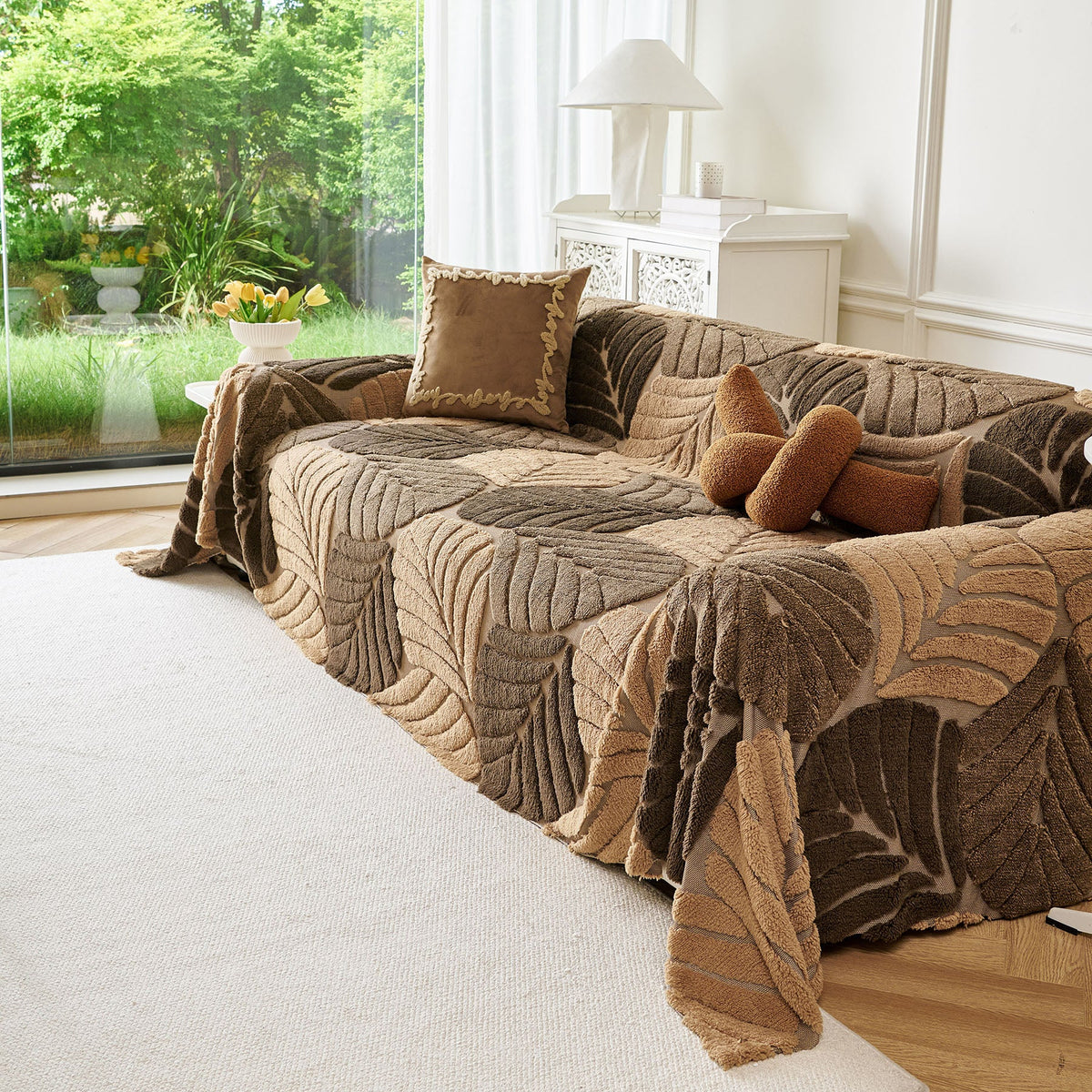 Plush Fleece Leaf Pattern Sofa Throw Cover, Soft Couch Protector Couch Cover Blanket