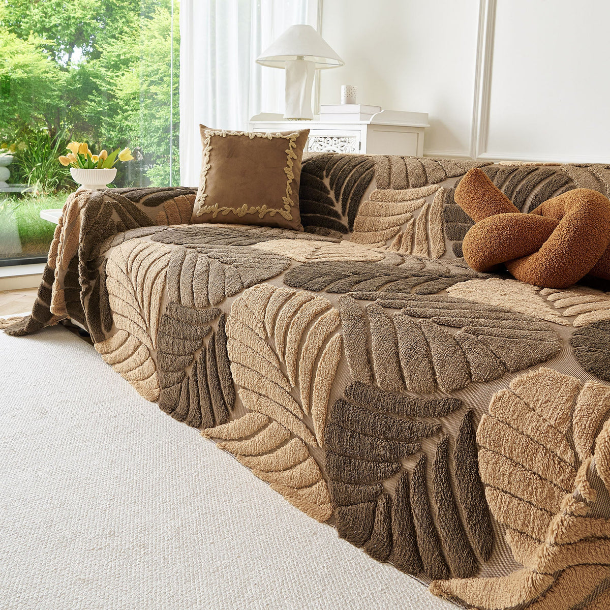 Plush Fleece Leaf Pattern Sofa Throw Cover, Soft Couch Protector Couch Cover Blanket