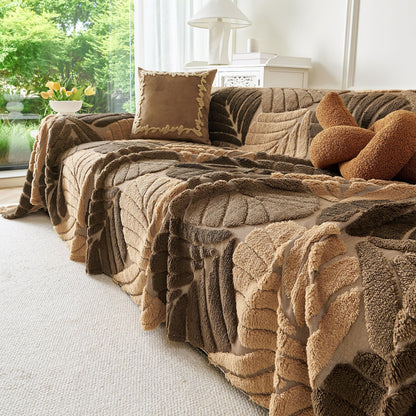 Plush Fleece Leaf Pattern Sofa Throw Cover, Soft Couch Protector Couch Cover Blanket