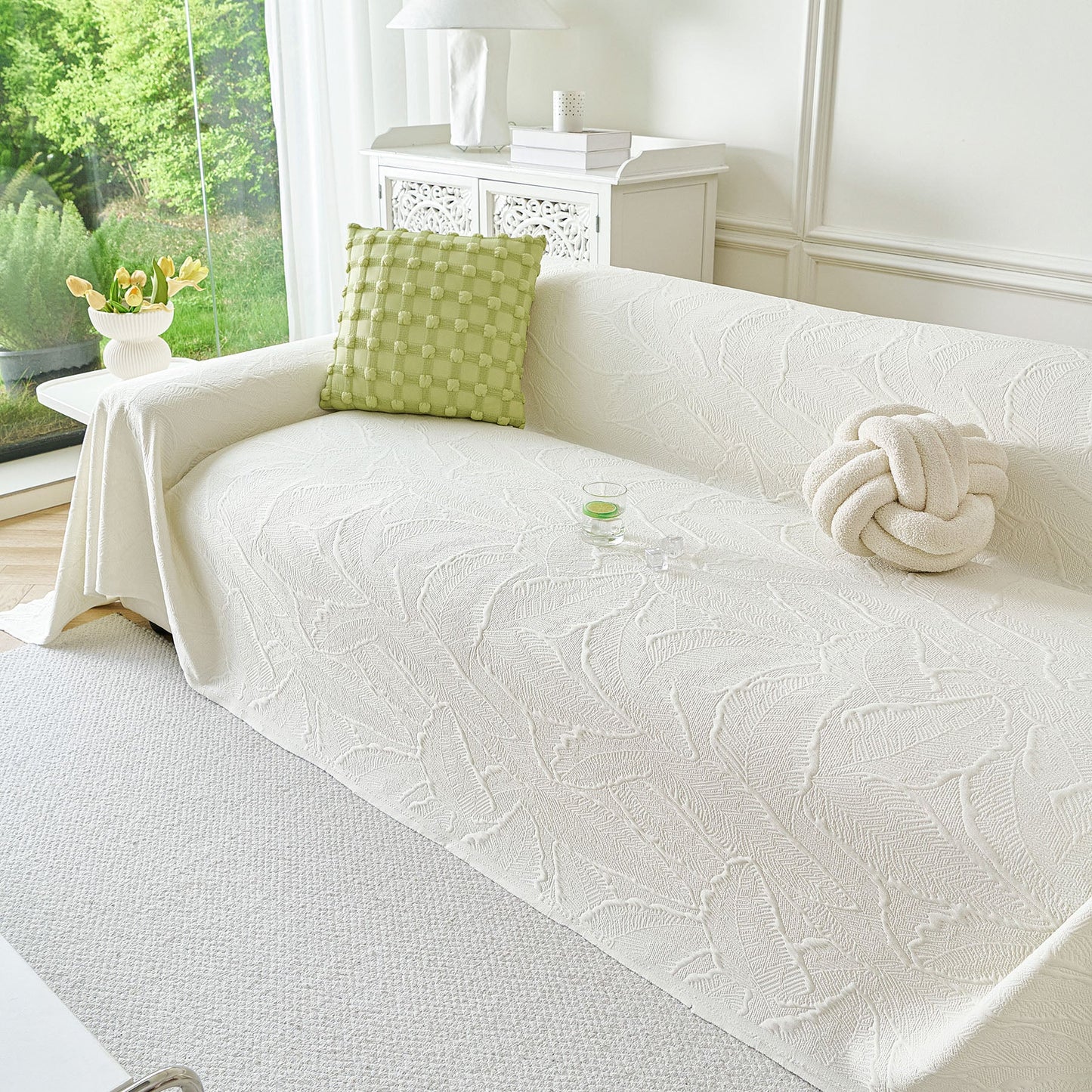 Embossed Leaf Pattern Sofa Cover Blanket for Couch, Soft Cooling Textured Couch Cover
