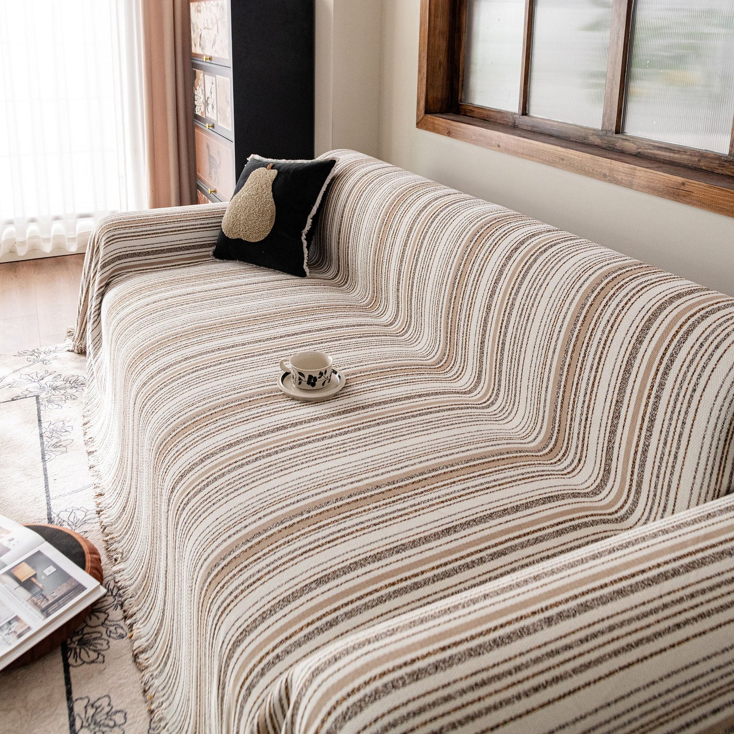 Luxury Cozy Chenille Sofa Cover Throw, Elegant Striped Soft Textured Couch Blanket