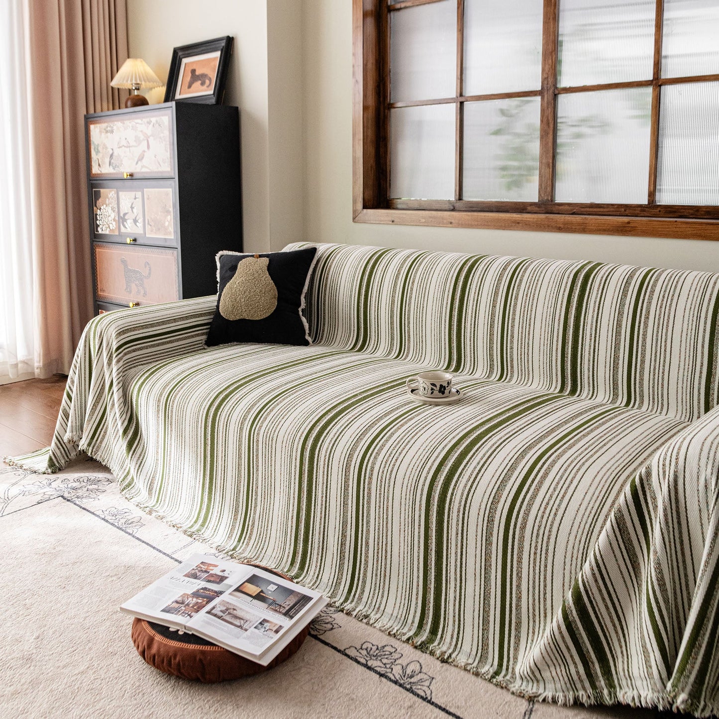 Luxury Cozy Chenille Sofa Cover Throw, Elegant Striped Soft Textured Couch Blanket