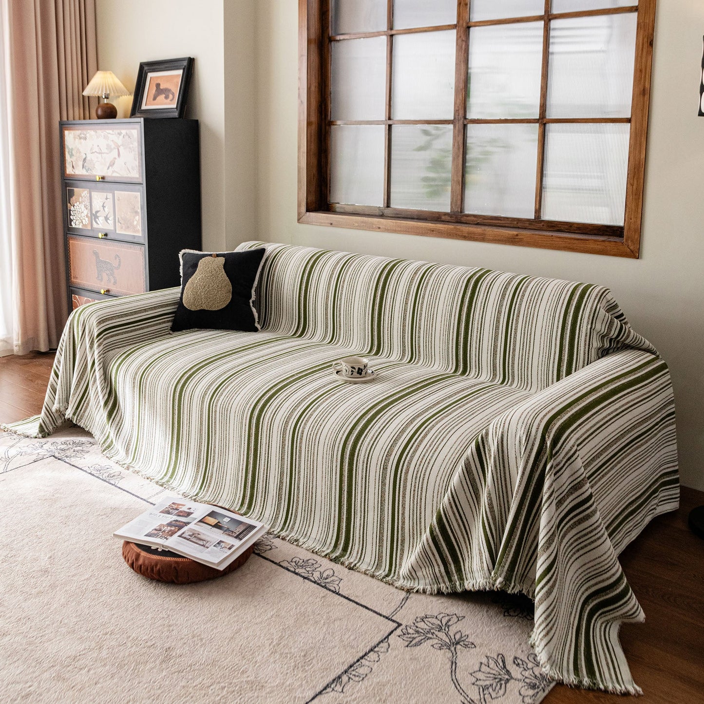 Luxury Cozy Chenille Sofa Cover Throw, Elegant Striped Soft Textured Couch Blanket