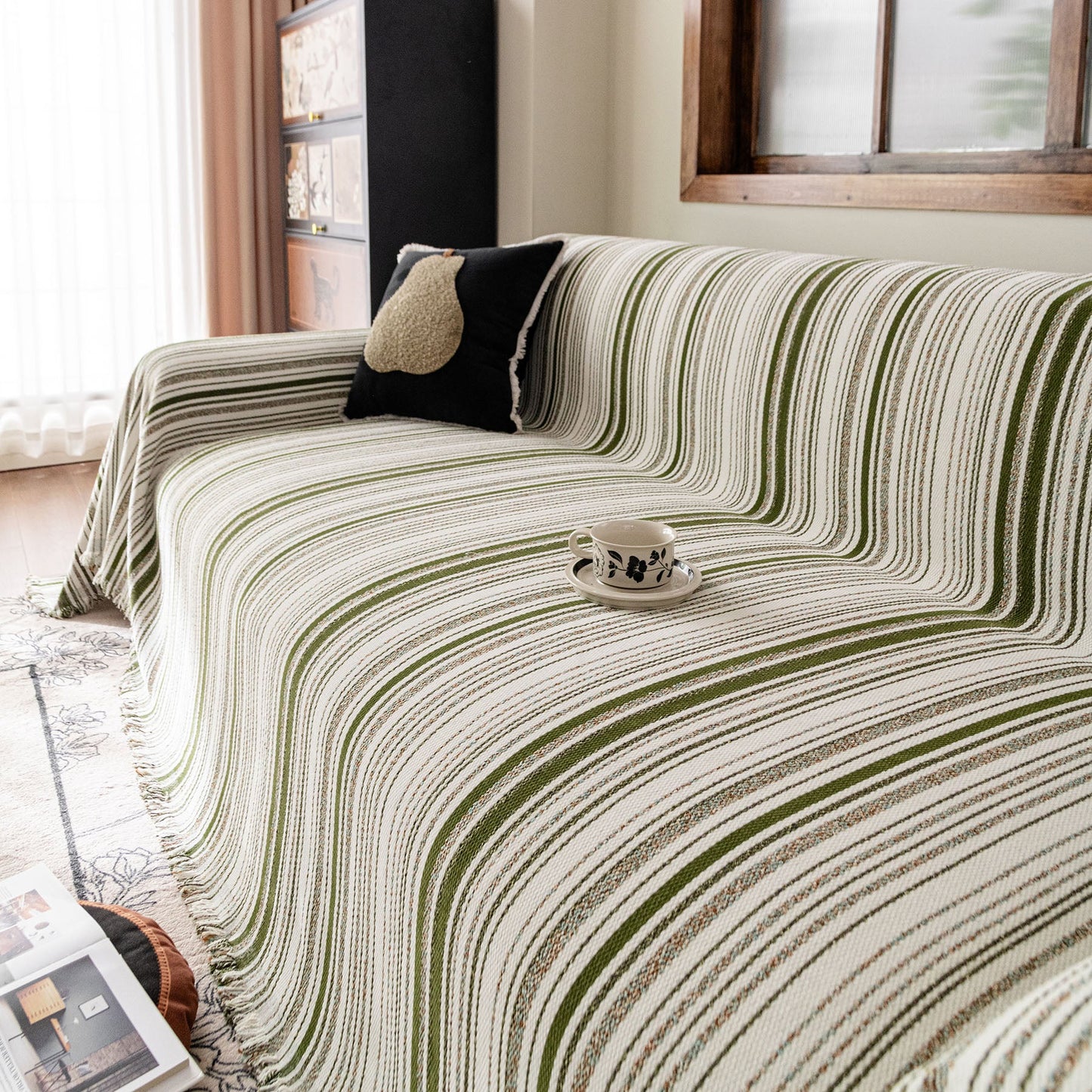 Luxury Cozy Chenille Sofa Cover Throw, Elegant Striped Soft Textured Couch Blanket