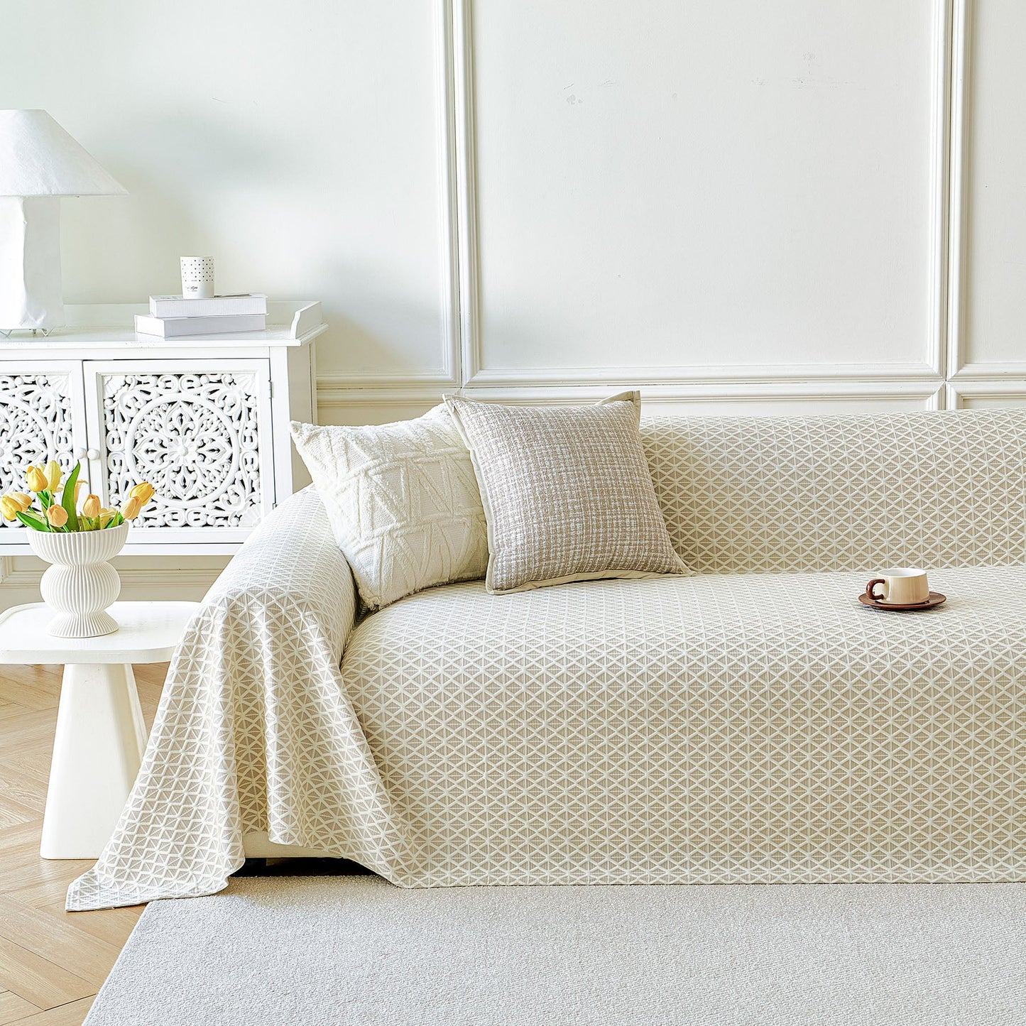 Fresh Geometric Sofa Throw Cover, Modern Textured Breathable Couch Protector Blanket
