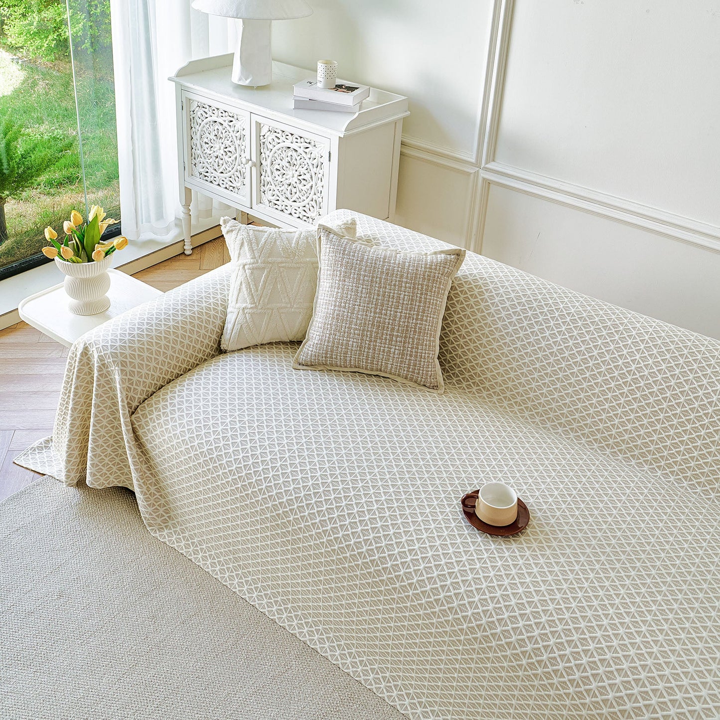 Fresh Geometric Sofa Throw Cover, Modern Textured Breathable Couch Protector Blanket