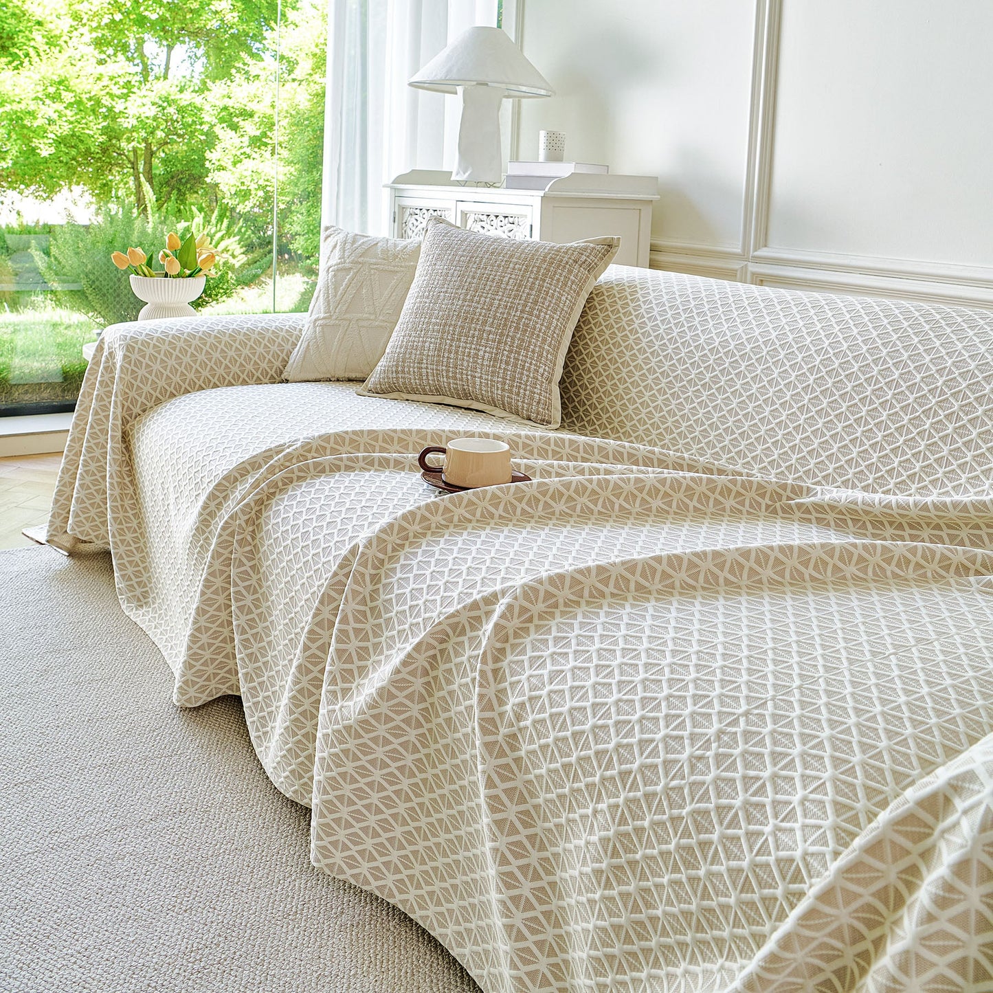Fresh Geometric Sofa Throw Cover, Modern Textured Breathable Couch Protector Blanket