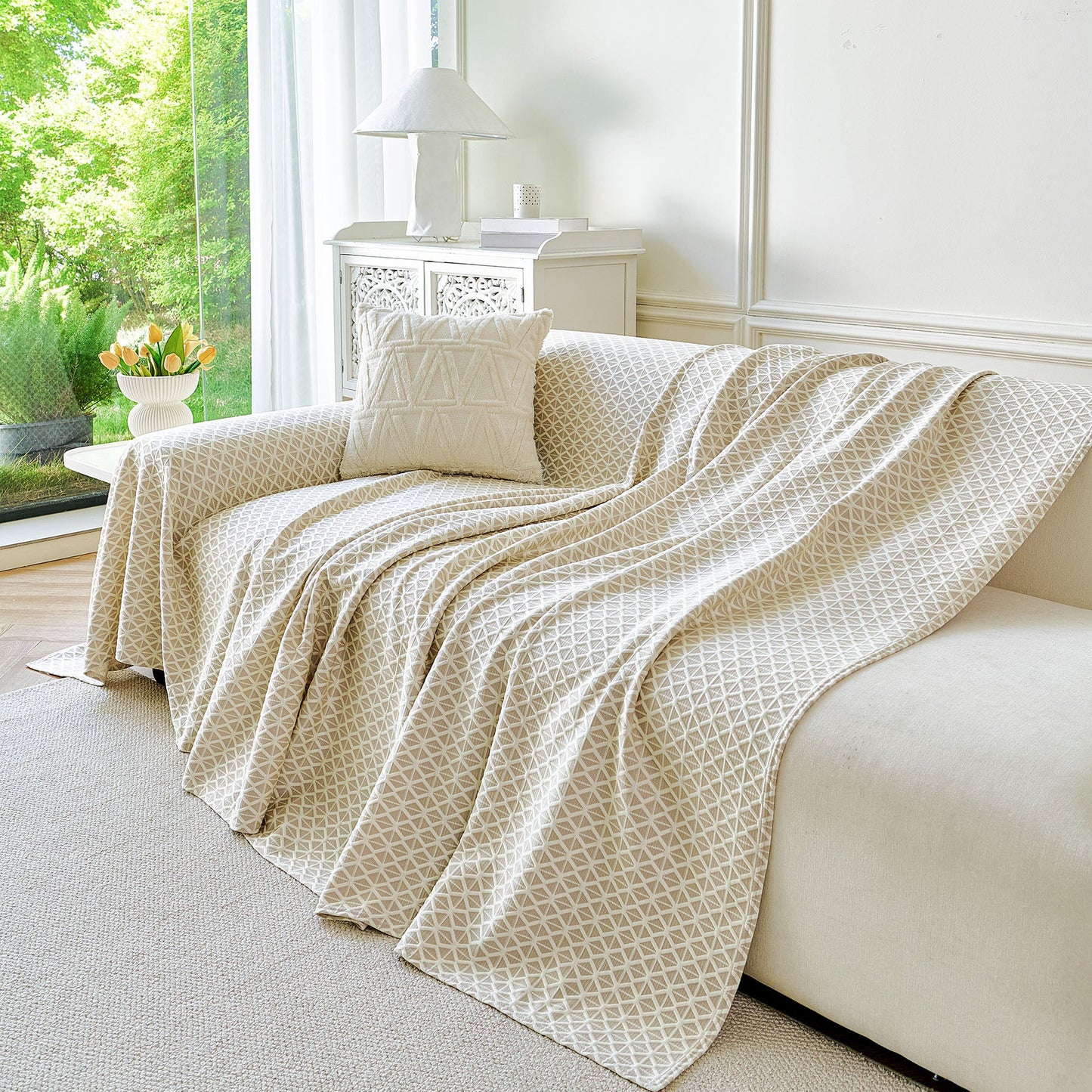 Fresh Geometric Sofa Throw Cover, Modern Textured Breathable Couch Protector Blanket