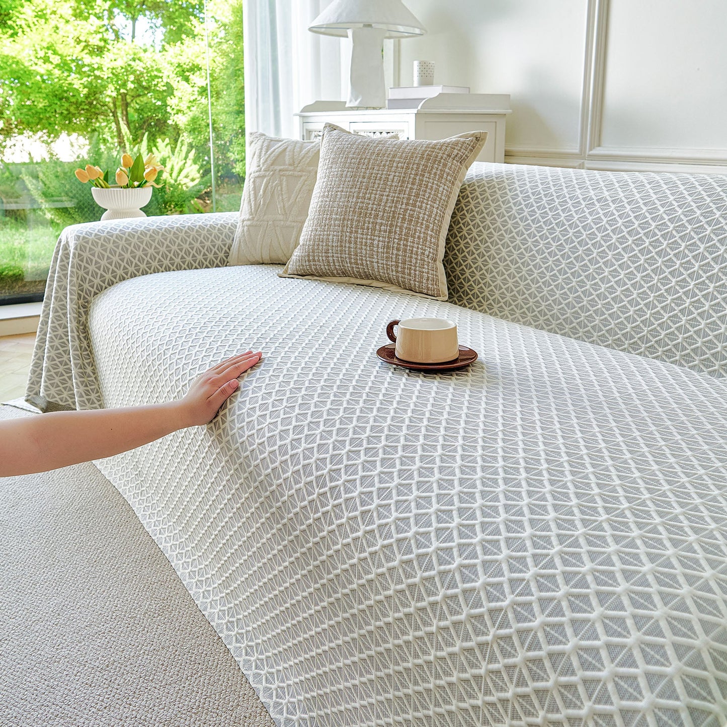 Fresh Geometric Sofa Throw Cover, Modern Textured Breathable Couch Protector Blanket