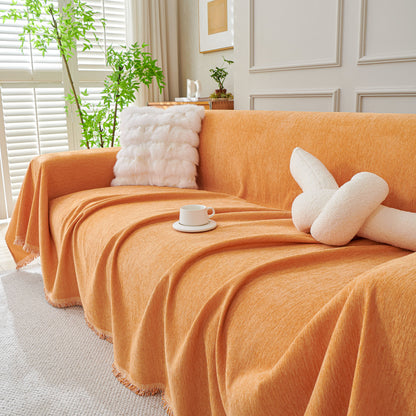 Solid Color Chenille Sofa Throw Blanket, Cozy & Easy Care Fringed Furniture Protector