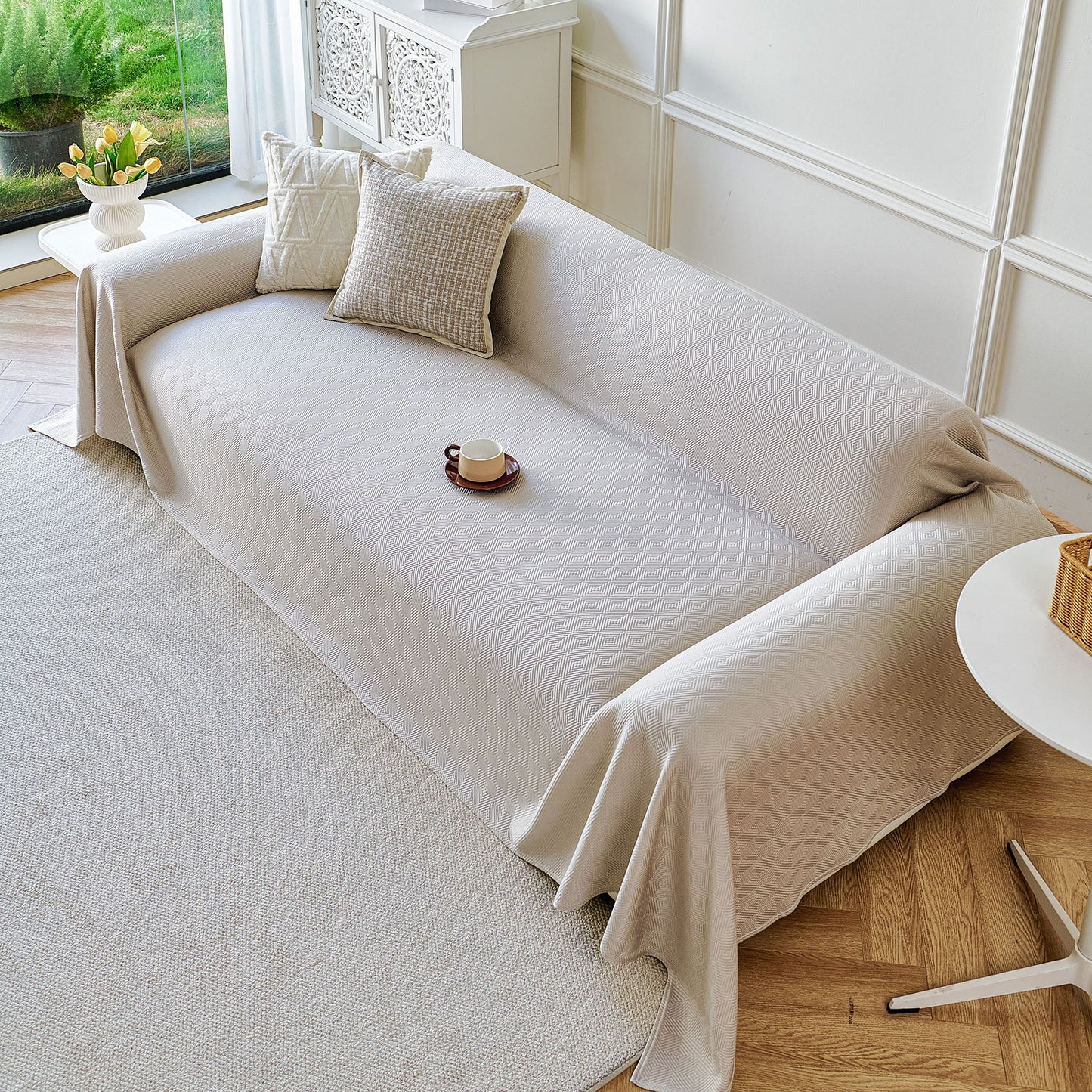 Cooling Ice Silk Soft Sofa Cover Blanket, Woven Geometric Textured Modern Couch Cover