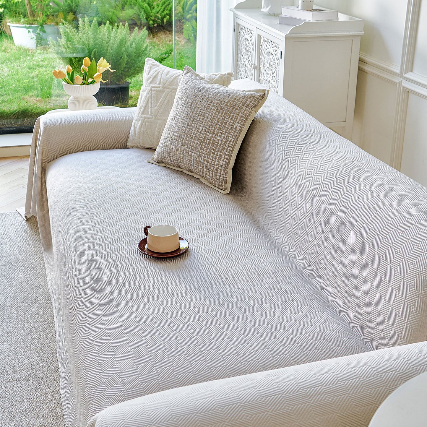 Cooling Ice Silk Soft Sofa Cover Blanket, Woven Geometric Textured Modern Couch Cover