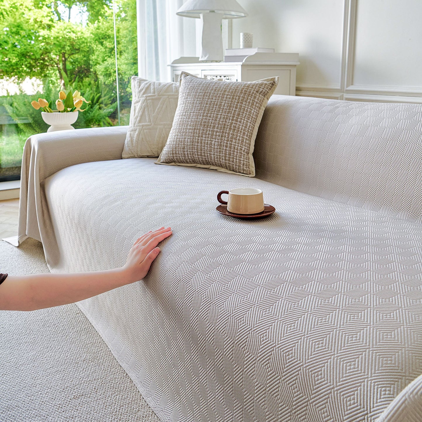Cooling Ice Silk Soft Sofa Cover Blanket, Woven Geometric Textured Modern Couch Cover