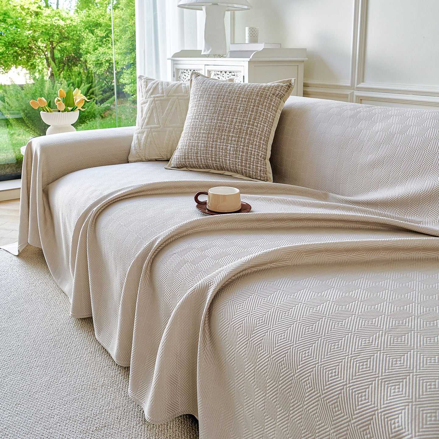 Cooling Ice Silk Soft Sofa Cover Blanket, Woven Geometric Textured Modern Couch Cover
