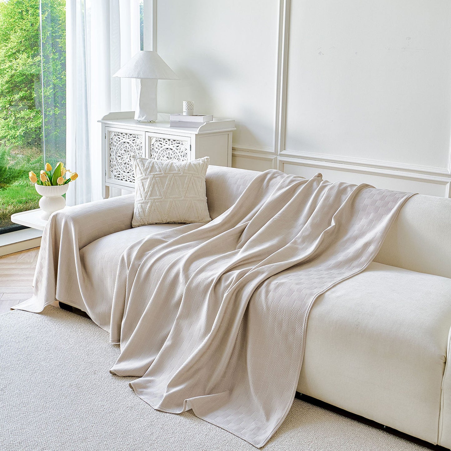 Cooling Ice Silk Soft Sofa Cover Blanket, Woven Geometric Textured Modern Couch Cover