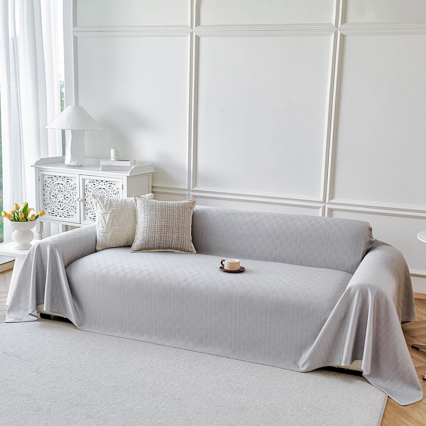 Cooling Ice Silk Soft Sofa Cover Blanket, Woven Geometric Textured Modern Couch Cover