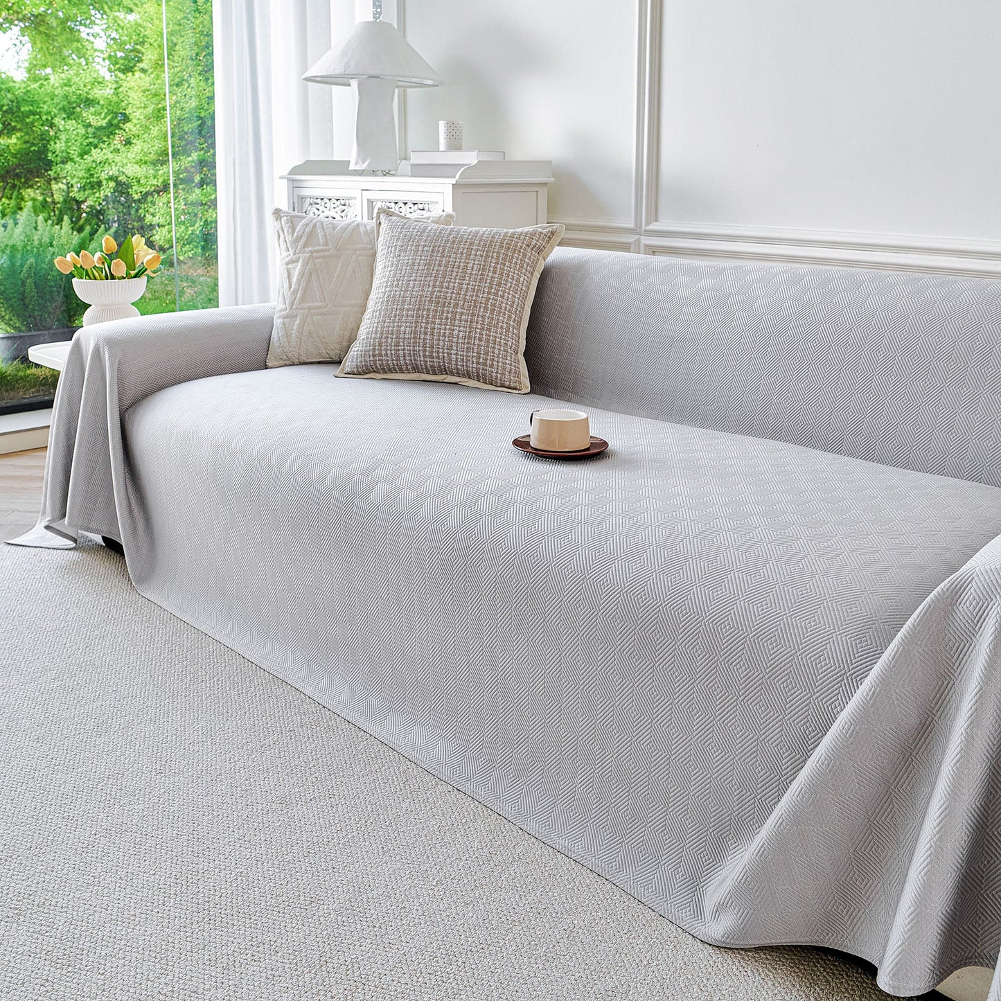 Cooling Ice Silk Soft Sofa Cover Blanket, Woven Geometric Textured Modern Couch Cover