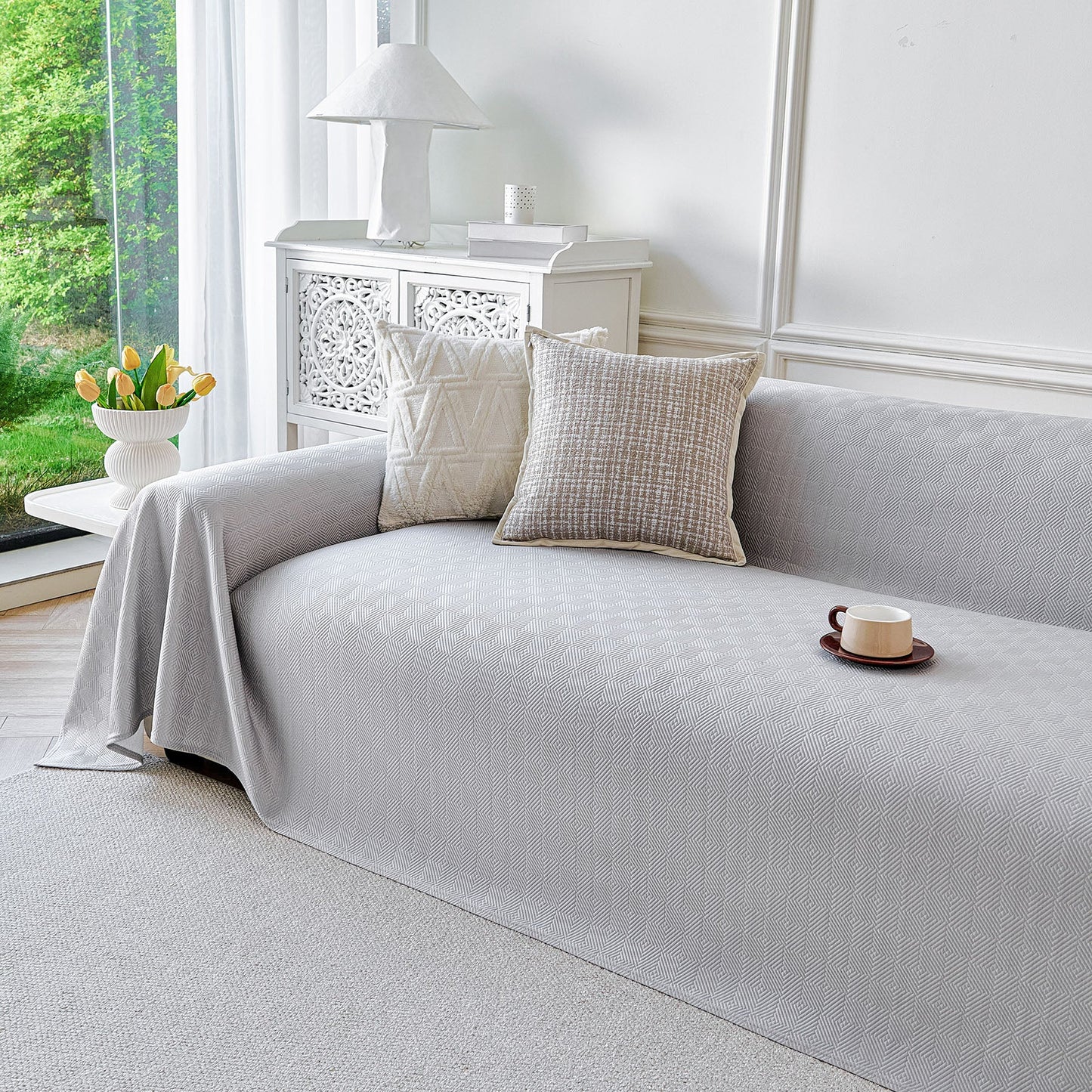 Cooling Ice Silk Soft Sofa Cover Blanket, Woven Geometric Textured Modern Couch Cover