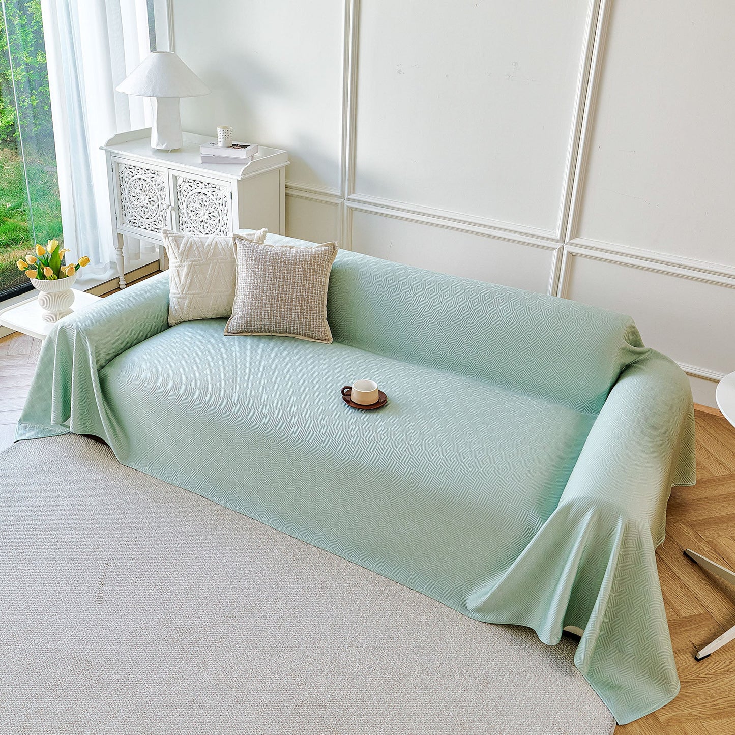 Cooling Ice Silk Soft Sofa Cover Blanket, Woven Geometric Textured Modern Couch Cover