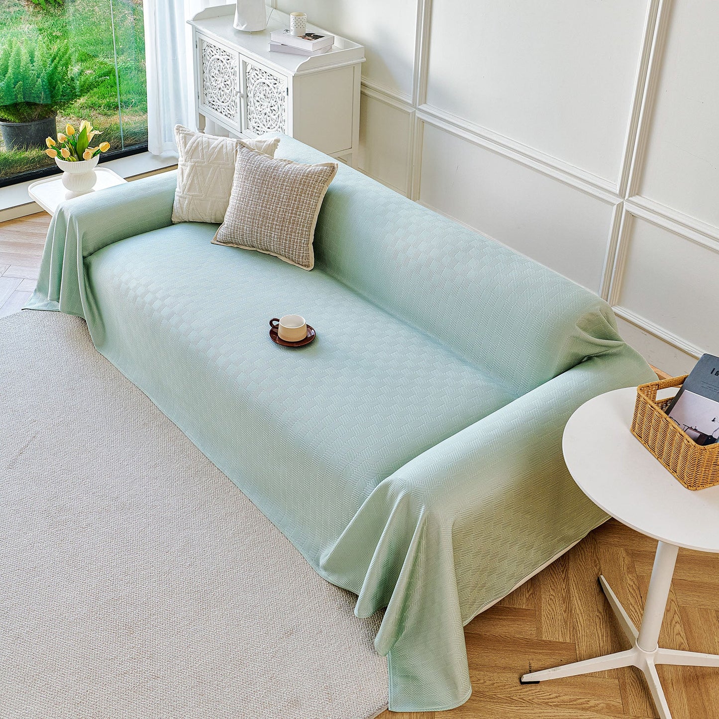 Cooling Ice Silk Soft Sofa Cover Blanket, Woven Geometric Textured Modern Couch Cover