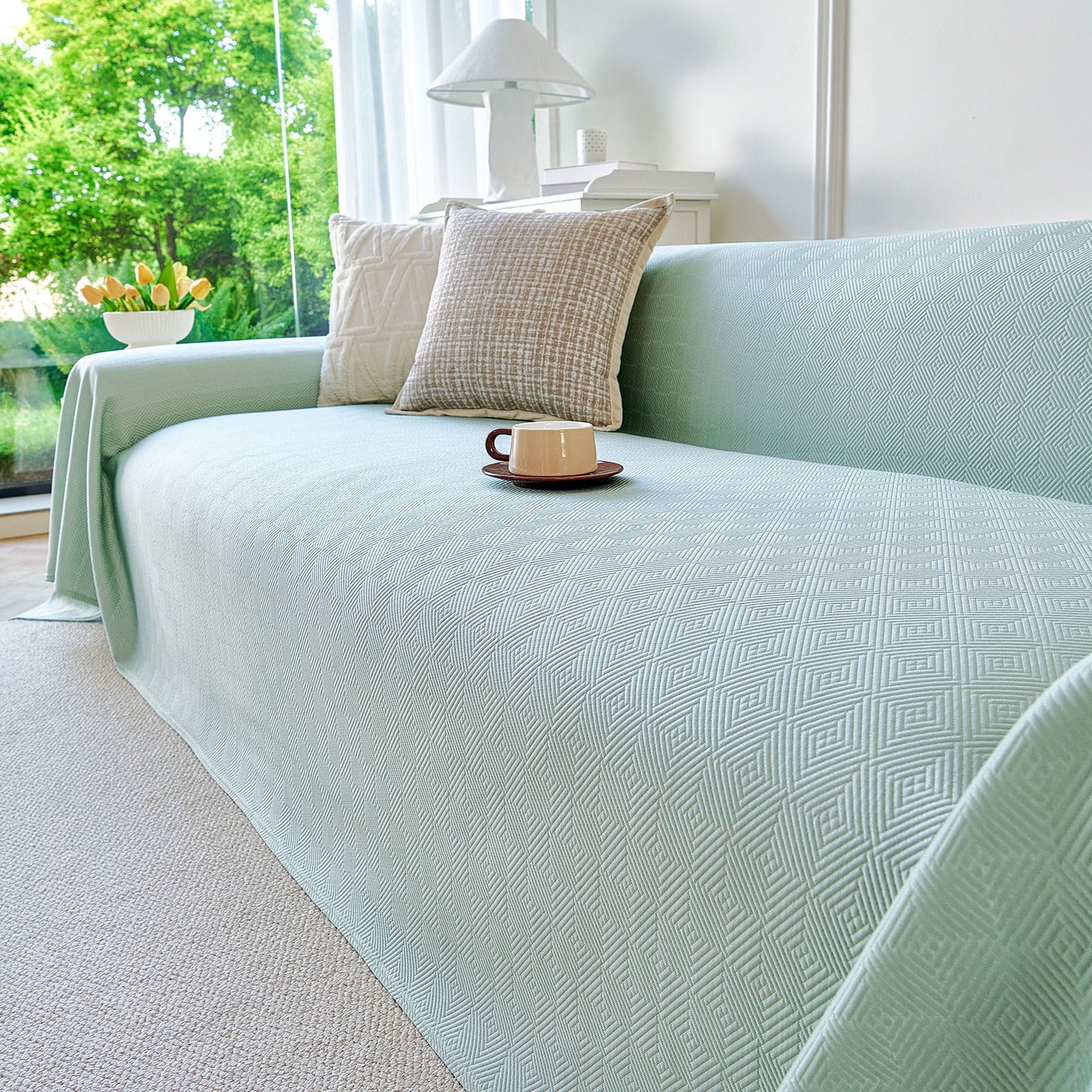Cooling Ice Silk Soft Sofa Cover Blanket, Woven Geometric Textured Modern Couch Cover