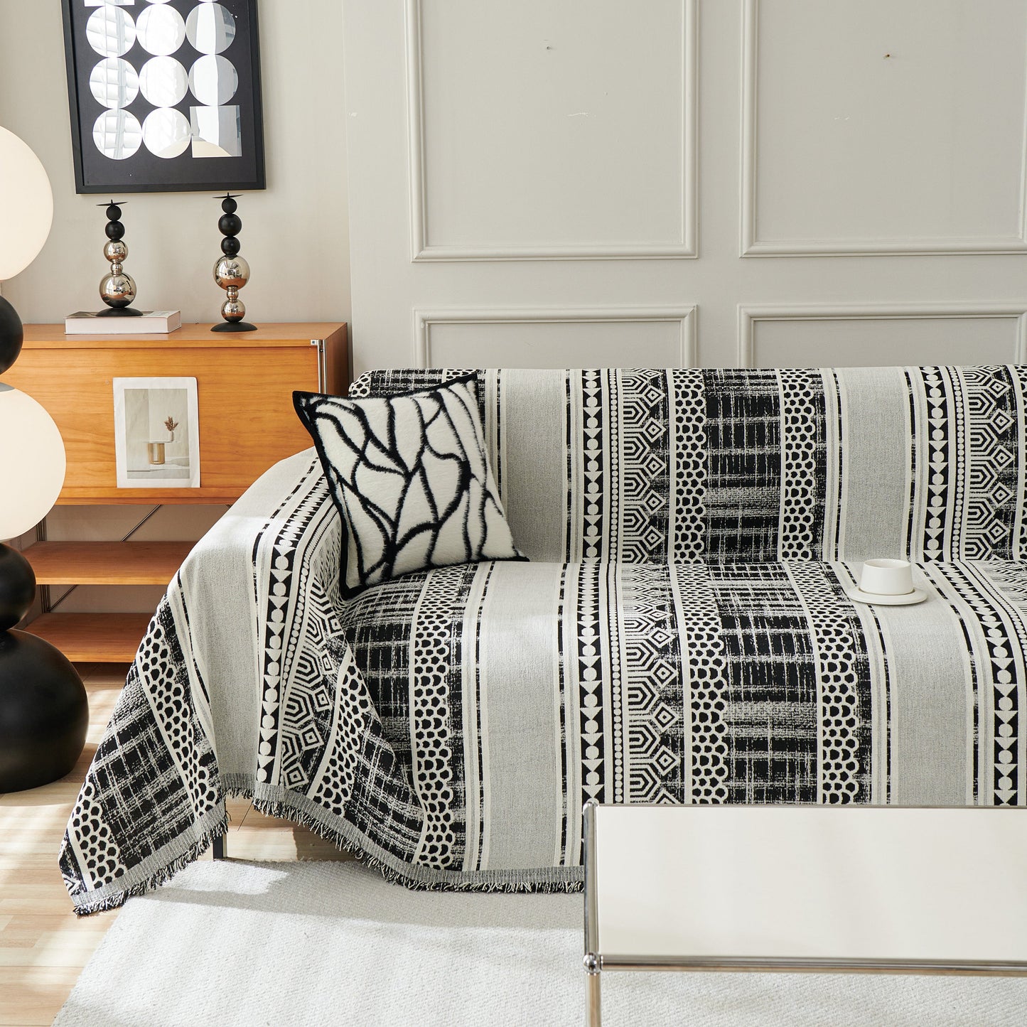 Chenille Sofa Cover Throw Blanket, Boho Geometric Scratch Proof Couch Protector