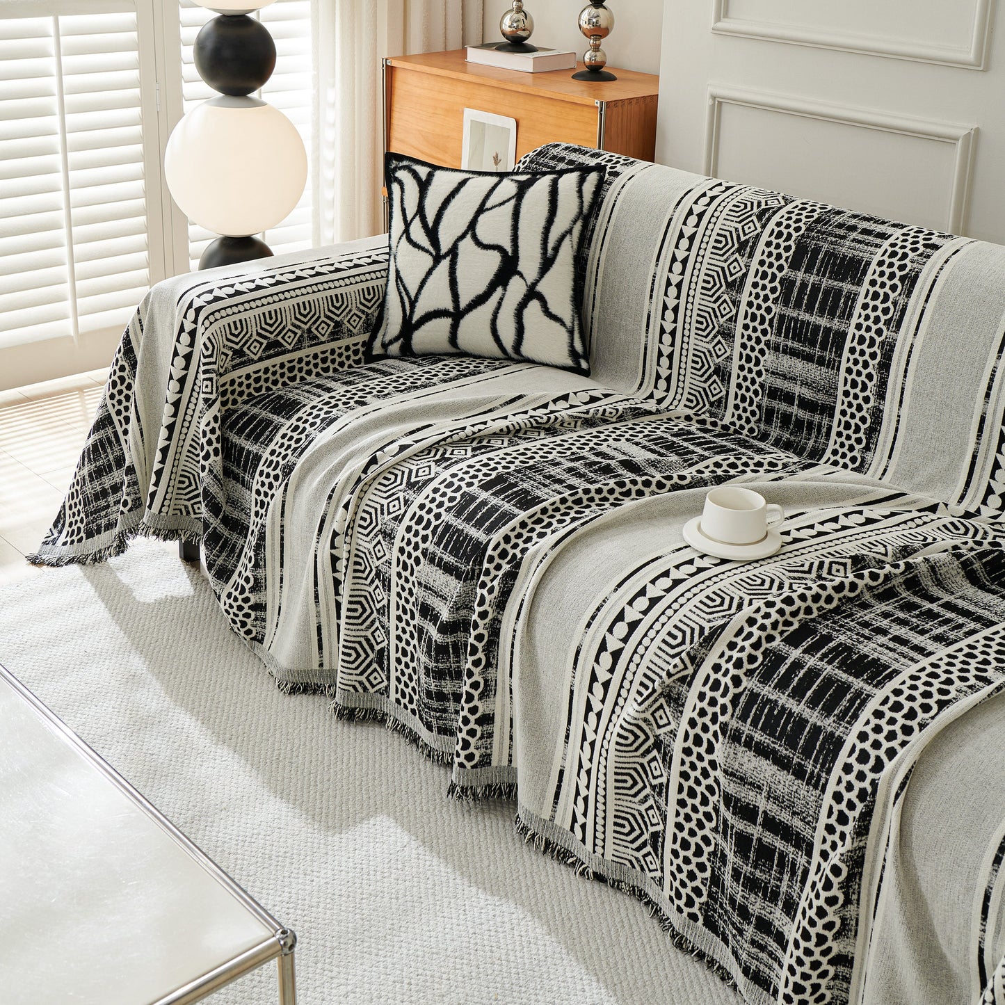 Chenille Sofa Cover Throw Blanket, Boho Geometric Scratch Proof Couch Protector